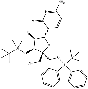 Cytidine, 4'-C-(chloromethyl)-2'-deoxy-3'-O-[(1,1-dimethylethyl)dimethylsilyl]-5'-O-[(1,1-dimethylethyl)diphenylsilyl]-2'-fluoro- 구조식 이미지