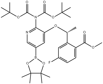 Benzoic acid, 2-[(1R)-1-[[2-[bis[(1,1-dimethylethoxy)carbonyl]amino]-5-(4,4,5,5-tetramethyl-1,3,2-dioxaborolan-2-yl)-3-pyridinyl]oxy]ethyl]-4-fluoro-, methyl ester Structure