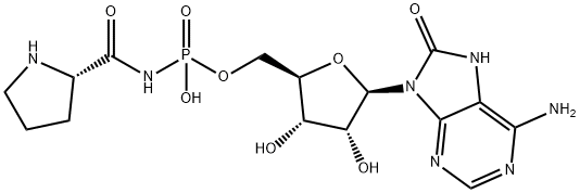 Adenosine, 7,8-dihydro-8-oxo-, 5'-[hydrogen N-[(2S)-2-pyrrolidinylcarbonyl]phosphoramidate] Structure