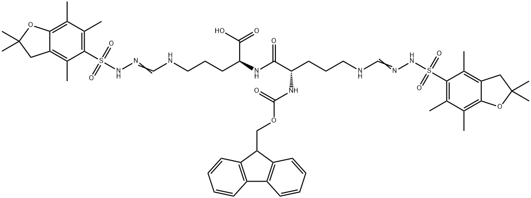 (2S)-2-[(2S)-2-({[(9H-fluoren-9-yl)methoxy]carbonyl}amino)-5-{N'-[(2,2,4,6,7-pentamethyl-2,3-dihydro-1-benzofuran-5-yl)sulfonyl]carbamimidamido}pentanamido]-5-{N'-[(2,2,4,6,7-pentamethyl-2,3-dihydro-1-benzofuran-5-yl)sulfonyl]carbamimidamido}pentanoic aci 구조식 이미지