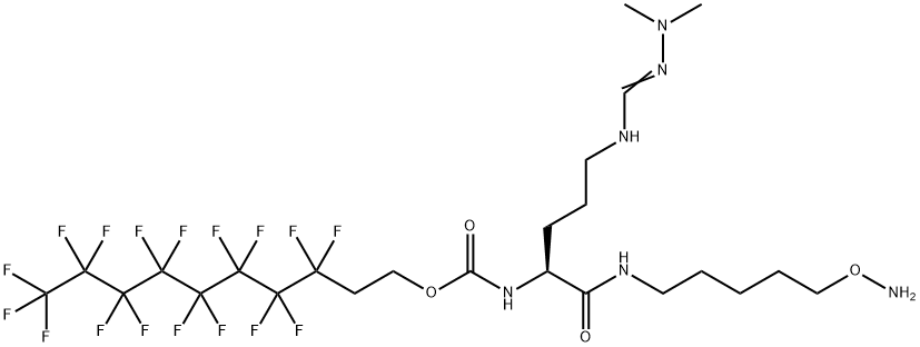 Carbamic acid, N-[(1S)-1-[[[5-(aminooxy)pentyl]amino]carbonyl]-4-[[(dimethylamino)iminomethyl]amino]butyl]-, 3,3,4,4,5,5,6,6,7,7,8,8,9,9,10,10,10-
heptadecafluorodecyl ester 구조식 이미지