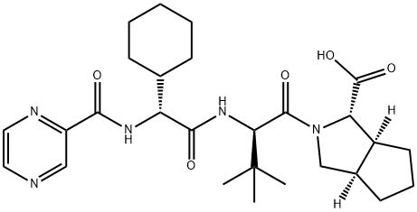 Cyclopenta[c]pyrrole-1-carboxylic acid, 2-[(2R)-2-[[(2R)-2-cyclohexyl-2-[(2-pyrazinylcarbonyl)amino]acetyl]amino]-3,3-dimethyl-1-oxobutyl]octahydro-, (1S,3aR,6aS)- Structure