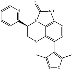 Imidazo[1,5,4-de][1,4]benzoxazin-2(1H)-one, 7-(3,5-dimethyl-4-isoxazolyl)-4,5-dihydro-4-(2-pyridinyl)-, (4R)- 구조식 이미지