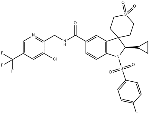 Spiro[3H-indole-3,4'-[4H]thiopyran]-5-carboxamide, N-[[3-chloro-5-(trifluoromethyl)-2-pyridinyl]methyl]-2-cyclopropyl-1-[(4-fluorophenyl)sulfonyl]-1,2,2',3',5',6'-hexahydro-, 1',1'-dioxide, (2R)- Structure