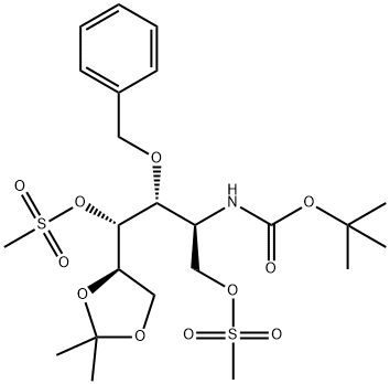 D-Galactitol, 2-deoxy-2-(1,1-dimethylethoxy)carbonylamino-5,6-O-(1-methylethylidene)-3-O-(phenylmethyl)-, 1,4-dimethanesulfonate 구조식 이미지