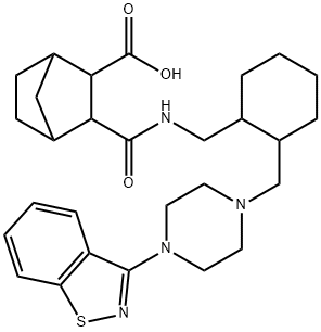 (1S,4R)-3-((((1R,2R)-2-((4-(1-oxidobenzo[d]isothiazol-3-yl) piperazin-1-yl)methyl)cyclohexyl)methyl)carbamoyl)bicycle [2.2.1]heptane-2-carboxylic acid Structure