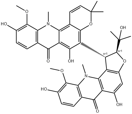 7H-Pyrano[2,3-c]acridin-7-one, 3,12-dihydro-6,10-dihydroxy-11-methoxy-3,3,12-trimethyl-5-[(1R,2S)-1,2,6,11-tetrahydro-5,9-dihydroxy-2-(1-hydroxy-1-methylethyl)-10-methoxy-11-methyl-6-oxofuro[2,3-c]acridin-1-yl]-, rel- Structure