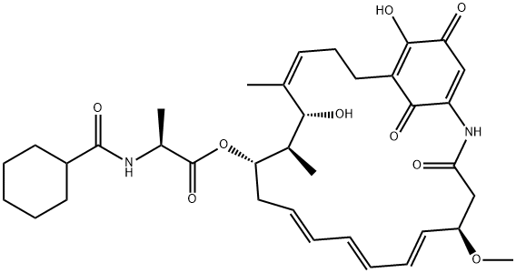 L-Alanine, N-(cyclohexylcarbonyl)-, (5R,6E,8E,10E,13S,14R,15R,16Z)-15,21-dihydroxy-5-methoxy-14,16-dimethyl-3,22,24-trioxo-2-azabicyclo[18.3.1]tetracosa-6,8,10,16,20,23-hexaen-13-yl ester Structure