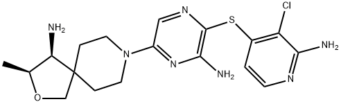 (3S,4S)-8-(6-amino-5-((2-amino-3-chloropyridin-4-yl)thio)pyrazin-2-yl)-3-methyl-2-oxa-8-azaspiro[4.5]decan-4-amine 2,2,2-trifluoroacetate Structure