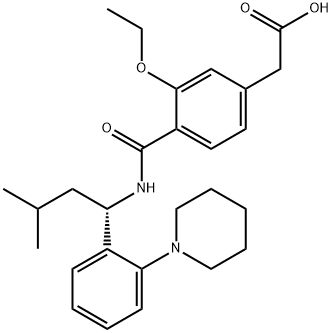 Repaglinide impurity 4/3-ethoxy-4-[[[(1S)-3-methyl-1-[2-(1-piperidinyl)phenyl]butyl]amino]carbonyl] Benzeneacetic acid Structure