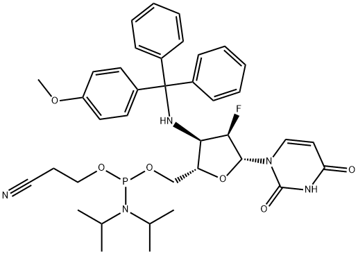 Uridine, 2',3'-dideoxy-2'-fluoro-3'-[[(4-methoxyphenyl)diphenylmethyl]amino]-, 5'-[2-cyanoethyl bis(1-methylethyl)phosphoramidite] (9CI) Structure