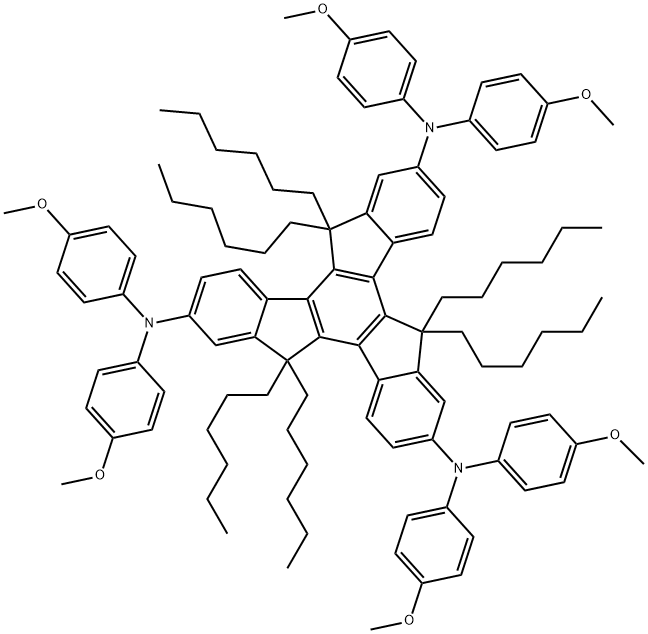 5,5,10,10,15,15-hexahexyl-N2,N2,N7,N7,N12,N12-hexakis(4-methoxyphenyl)-10,15-dihydro-5H-diindeno[1,2-a:1',2'-c]fluorene-2,7,12-triamine Structure