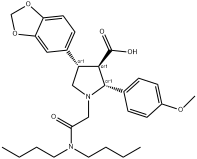 rel-(2R,3R,4S)-4-(1,3-Benzodioxol-5-yl)-1-[2-(dibutylamino)-2-oxoethyl]-2-(4-methoxyphenyl)-3-pyrrolidinecarboxylic acid 구조식 이미지
