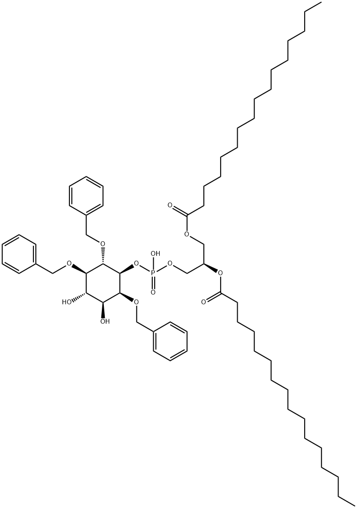 D-myo-Inositol, 2,5,6-tris-O-(phenylmethyl)-, 1-(2R)-2,3-bis(1-oxohexadecyl)oxypropyl hydrogen phosphate Structure