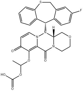 Carbonic acid, [[(12aR)-12-[(11S)-8-fluoro-6,11-dihydrodibenzo[b,e]thiepin-11-yl]-3,4,6,8,12,12a-hexahydro-6,8-dioxo-1H-[1,4]oxazino[3,4-c]pyrido[2,1-f][1,2,4]triazin-7-yl]oxy]methyl methyl ester Structure