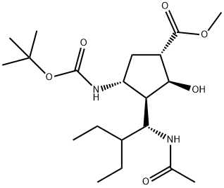 Cyclopentanecarboxylic acid, 3-[(1R)-1-(acetylamino)-2-ethylbutyl]-4-[[(1,1-dimethylethoxy)carbonyl]amino]-2-hydroxy-, methyl ester, (1S,2S,3R,4R)- 구조식 이미지