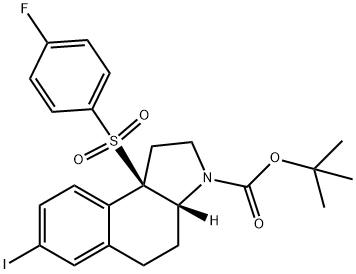3H-Benz[e]indole-3-carboxylic acid, 9b-[(4-fluorophenyl)sulfonyl]-1,2,3a,4,5,9b-hexahydro-7-iodo-, 1,1-dimethylethyl ester, (3aR,9bR)- Structure