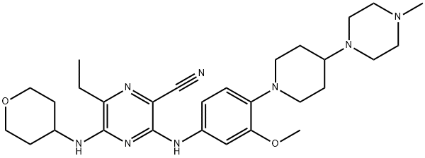 2-Pyrazinecarbonitrile, 6-ethyl-3-[[3-methoxy-4-[4-(4-methyl-1-piperazinyl)-1-piperidinyl]phenyl]amino]-5-[(tetrahydro-2H-pyran-4-yl)amino]- Structure