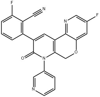 Benzonitrile, 2-fluoro-6-[3-fluoro-7,8-dihydro-8-oxo-7-(3-pyridinyl)-6H-pyrano[3,2-b:5,4-b']dipyridin-9-yl]- Structure