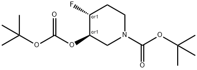 tert-butyl Trans-3-((tert-butoxycarbonyl)oxy)-4-fluoropiperidine-1-carboxylate racemate 구조식 이미지