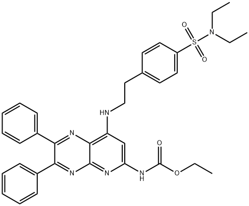ethyl N-[7-[2-[4-(diethylsulfamoyl)phenyl]ethylamino]-3,4-diphenyl-2,5 ,10-triazabicyclo[4.4.0]deca-2,4,7,9,11-pentaen-9-yl]carbamate Structure