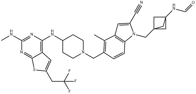 Formamide, N-[3-[[2-cyano-4-methyl-5-[[4-[[2-(methylamino)-6-(2,2,2-trifluoroethyl)thieno[2,3-d]pyrimidin-4-yl]amino]-1-piperidinyl]methyl]-1H-indol-1-yl]methyl]bicyclo[1.1.1]pent-1-yl]- 구조식 이미지