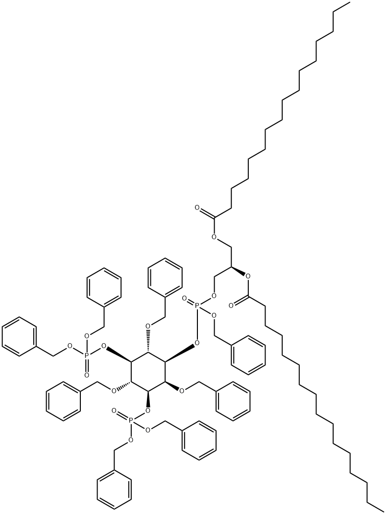 D-myo-Inositol, 2,4,6-tris-O-(phenylmethyl)-, 1-(2R)-2,3-bis(1-oxohexadecyl)oxypropyl phenylmethyl phosphate 3,5-bisbis(phenylmethyl) phosphate Structure