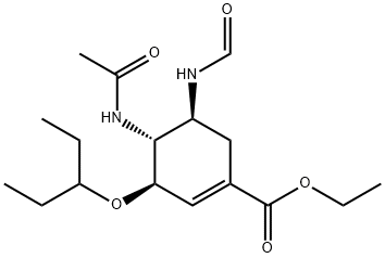 1-Cyclohexene-1-carboxylic acid, 4-(acetylamino)-3-(1-ethylpropoxy)-5-(formylamino)-, ethyl ester, (3R,4R,5S)- Structure
