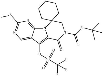 Spiro[cyclohexane-1,9'(6'H)-pyrazino[1',2':1,5]pyrrolo[2,3-d]pyrimidine]-7'(8'H)-carboxylic acid, 2'-(methylthio)-6'-oxo-5'-[[(trifluoromethyl)sulfonyl]oxy]-, 1,1-dimethylethyl ester 구조식 이미지