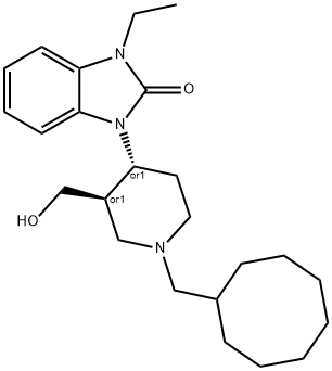 (±)-1-[(3R*,4R*)-1-(Cyclooctylmethyl)-3-(hydroxymethyl)-4-piperidinyl]-3-ethyl-1,3-dihydro-2H-benzimidazol-2-one 구조식 이미지