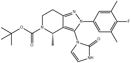 5H-Pyrazolo[4,3-c]pyridine-5-carboxylic acid, 3-(2,3-dihydro-2-oxo-1H-imidazol-1-yl)-2-(4-fluoro-3,5-dimethylphenyl)-2,4,6,7-tetrahydro-4-methyl-, 1,1-dimethylethyl ester, (4S)- 구조식 이미지