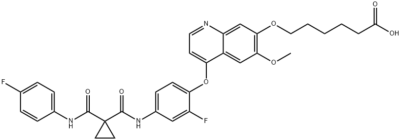 Hexanoic acid, 6-[[4-[2-fluoro-4-[[[1-[[(4-fluorophenyl)amino]carbonyl]cyclopropyl]carbonyl]amino]phenoxy]-6-methoxy-7-quinolinyl]oxy]- Structure