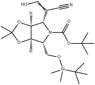 5H-1,3-Dioxolo4,5-cpyrrole-5-carboxylic acid, 4-(1-cyano-2-hydroxyethenyl)-6-(1,1-dimethylethyl)dimethylsilyloxymethyltetrahydro-2,2-dimethyl-, 1,1-dimethylethyl ester, (3aS,4S,6R,6aR)- 구조식 이미지