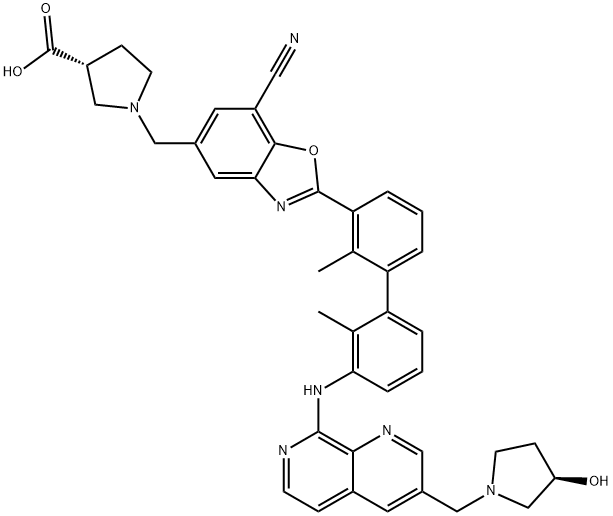 3-Pyrrolidinecarboxylic acid, 1-[[7-cyano-2-[3'-[[3-[[(3R)-3-hydroxy-1-pyrrolidinyl]methyl]-1,7-naphthyridin-8-yl]amino]-2,2'-dimethyl[1,1'-biphenyl]-3-yl]-5-benzoxazolyl]methyl]-, (3R)- 구조식 이미지