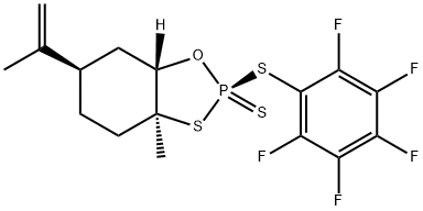 1,3,2-Benzoxathiaphosphole, hexahydro-3a-methyl-6-(1-methylethenyl)-2-[(2,3,4,5,6-pentafluorophenyl)thio]-, 2-sulfide, (2S,3aS,6R,7aS)- 구조식 이미지