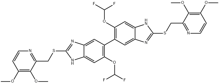5,5'-Bi-1H-benzimidazole, 6,6'-bis(difluoromethoxy)-2,2'-bis[[(3,4-dimethoxy-2-pyridinyl)methyl]thio]- 구조식 이미지