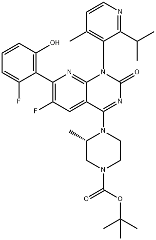 4-[(S)-4-Boc-2-methyl-1-piperazinyl]-6-fluoro-7-(2-fluoro-6-hydroxyphenyl)-1-(2-isopropyl-4-methyl-3-pyridyl)pyrido[2,3-d]pyrimidin-2(1H)-one Structure