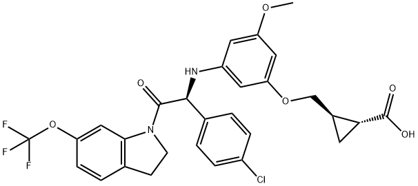 Cyclopropanecarboxylic acid, 2-[[3-[[(1S)-1-(4-chlorophenyl)-2-[2,3-dihydro-6-(trifluoromethoxy)-1H-indol-1-yl]-2-oxoethyl]amino]-5-methoxyphenoxy]methyl]-, (1R,2R)- 구조식 이미지