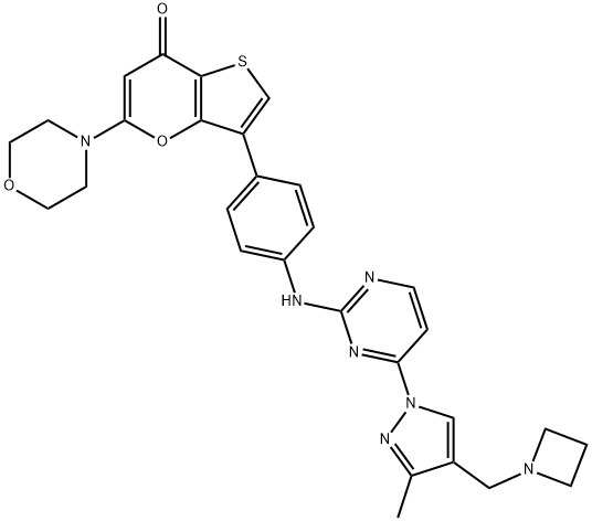 7H-Thieno[3,2-b]pyran-7-one, 3-[4-[[4-[4-(1-azetidinylmethyl)-3-methyl-1H-pyrazol-1-yl]-2-pyrimidinyl]amino]phenyl]-5-(4-morpholinyl)- Structure