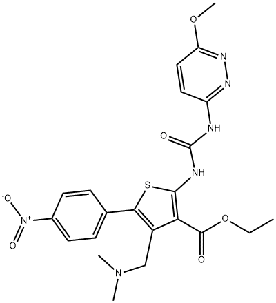 3-Thiophenecarboxylic acid, 4-[(dimethylamino)methyl]-2-[[[(6-methoxy-3-pyridazinyl)amino]carbonyl]amino]-5-(4-nitrophenyl)-, ethyl ester Structure