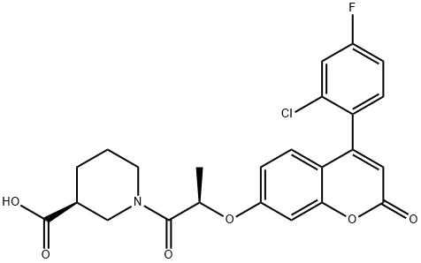 3-Piperidinecarboxylic acid, 1-[(2R)-2-[[4-(2-chloro-4-fluorophenyl)-2-oxo-2H-1-benzopyran-7-yl]oxy]-1-oxopropyl]-, (3S)- 구조식 이미지