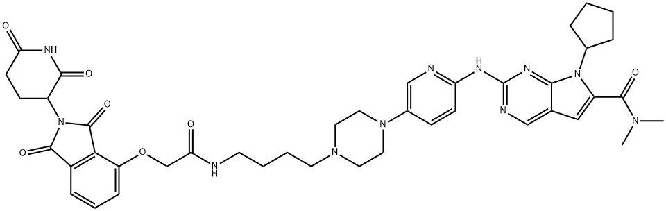 7H-Pyrrolo[2,3-d]pyrimidine-6-carboxamide, 7-cyclopentyl-2-[[5-[4-[4-[[2-[[2-(2,6-dioxo-3-piperidinyl)-2,3-dihydro-1,3-dioxo-1H-isoindol-4-yl]oxy]acetyl]amino]butyl]-1-piperazinyl]-2-pyridinyl]amino]-N,N-dimethyl- Structure