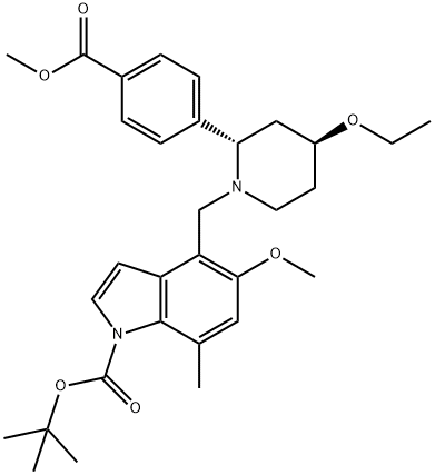 1H-Indole-1-carboxylic acid, 4-[[(2S,4S)-4-ethoxy-2-[4-(methoxycarbonyl)phenyl]-1-piperidinyl]methyl]-5-methoxy-7-methyl-, 1,1-dimethylethyl ester Structure