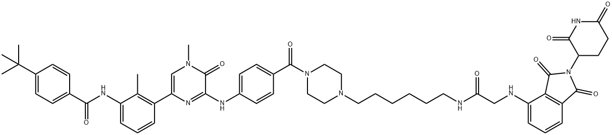 Benzamide, 4-(1,1-dimethylethyl)-N-[3-[6-[[4-[[4-[6-[[2-[[2-(2,6-dioxo-3-piperidinyl)-2,3-dihydro-1,3-dioxo-1H-isoindol-4-yl]amino]acetyl]amino]hexyl]-1-piperazinyl]carbonyl]phenyl]amino]-4,5-dihydro-4-methyl-5-oxo-2-pyrazinyl]-2-methylphenyl]- 구조식 이미지