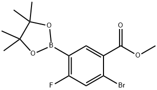 Methyl 2-bromo-4-fluoro-5-(tetramethyl-1,3,2-dioxaborolan-2-yl)benzoate 구조식 이미지