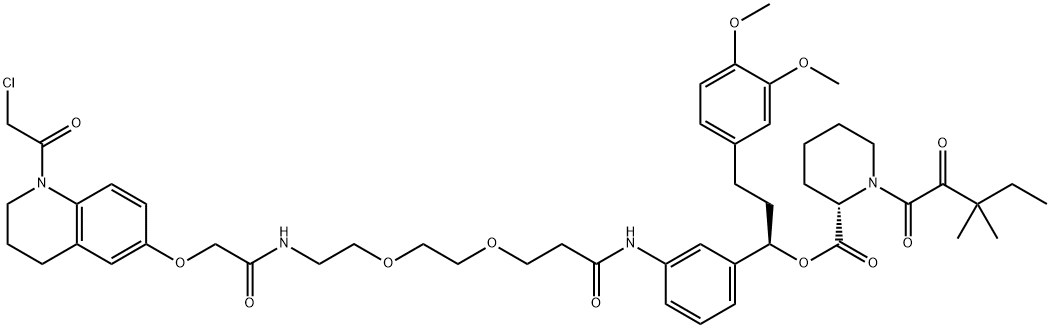 2-Piperidinecarboxylic acid, 1-(3,3-dimethyl-1,2-dioxopentyl)-, (1R)-1-[3-[[3-[2-[2-[[2-[[1-(2-chloroacetyl)-1,2,3,4-tetrahydro-6-quinolinyl]oxy]acetyl]amino]ethoxy]ethoxy]-1-oxopropyl]amino]phenyl]-3-(3,4-dimethoxyphenyl)propyl ester, (2S)- Structure