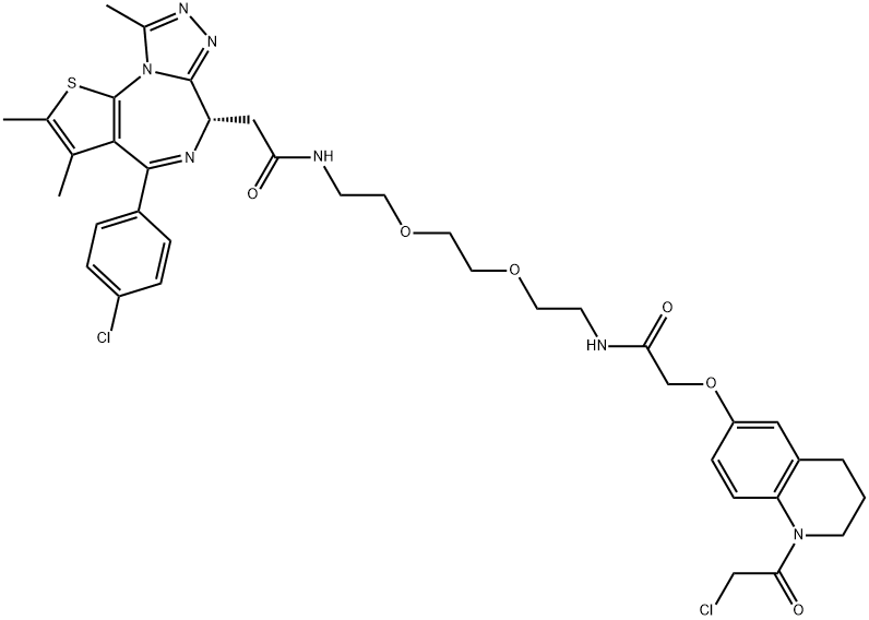 6H-Thieno[3,2-f][1,2,4]triazolo[4,3-a][1,4]diazepine-6-acetamide, N-[2-[2-[2-[[2-[[1-(2-chloroacetyl)-1,2,3,4-tetrahydro-6-quinolinyl]oxy]acetyl]amino]ethoxy]ethoxy]ethyl]-4-(4-chlorophenyl)-2,3,9-trimethyl-, (6S)- Structure