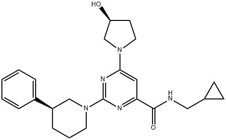 4-Pyrimidinecarboxamide, N-(cyclopropylmethyl)-6-[(3S)-3-hydroxy-1-pyrrolidinyl]-2-[(3S)-3-phenyl-1-piperidinyl]- 구조식 이미지