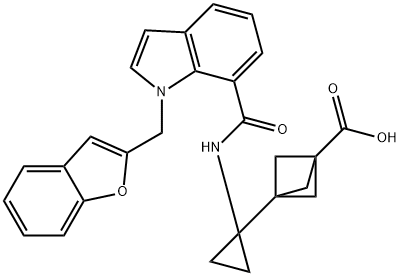 Bicyclo[1.1.1]pentane-1-carboxylic acid, 3-[1-[[[1-(2-benzofuranylmethyl)-1H-indol-7-yl]carbonyl]amino]cyclopropyl]- Structure