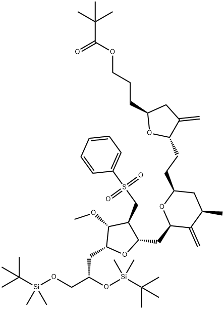 Propanoic acid, 2,2-dimethyl-, 3-[(2S,5S)-5-[2-[(2S,4R,6R)-6-[[(2S,3S,4R,5R)-5-[(2S)-2,3-bis[[(1,1-dimethylethyl)dimethylsilyl]oxy]propyl]tetrahydro-4-methoxy-3-[(phenylsulfonyl)methyl]-2-furanyl]methyl]tetrahydro-4-methyl-5-methylene-2H-pyran-2-yl]ethyl]tetrahydro-4-methylene-2-furanyl]propyl ester Structure